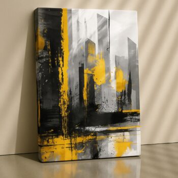 Urban Skyline Yellow & Black Canvas Wall Art – Modern Cityscape for Living Room or Office