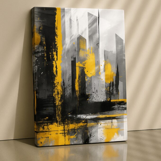 Urban Skyline Yellow & Black Canvas Wall Art – Modern Cityscape for Living Room or Office