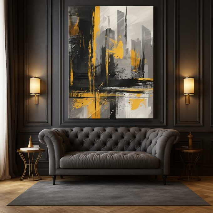 Urban Skyline Yellow & Black Canvas Wall Art – Modern Cityscape for Living Room or Office - Image 3