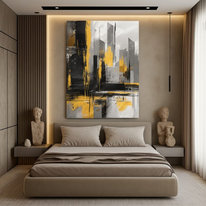 Urban Skyline Yellow & Black Canvas Wall Art – Modern Cityscape for Living Room or Office - Image 2