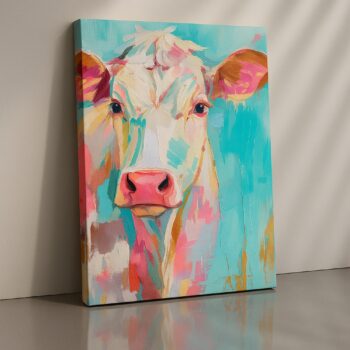 Pastel Cow Portrait Canvas Art – Whimsical Farmhouse Animal Decor for Kitchen or Nursery