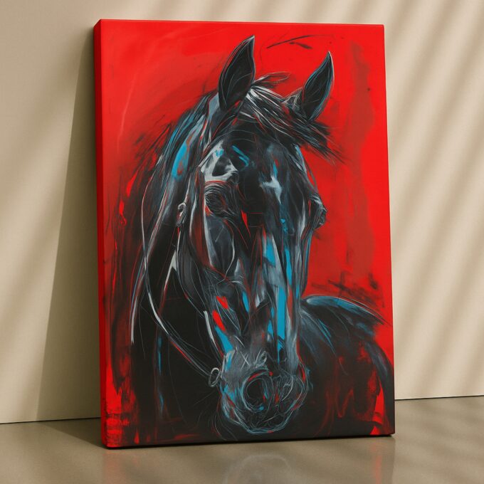 Midnight Gallop – Black Horse Canvas Wall Art on Red Background