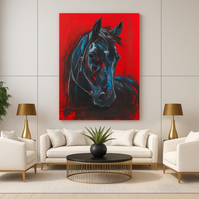 Midnight Gallop – Black Horse Canvas Wall Art on Red Background - Image 3