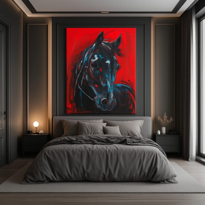Midnight Gallop – Black Horse Canvas Wall Art on Red Background - Image 2