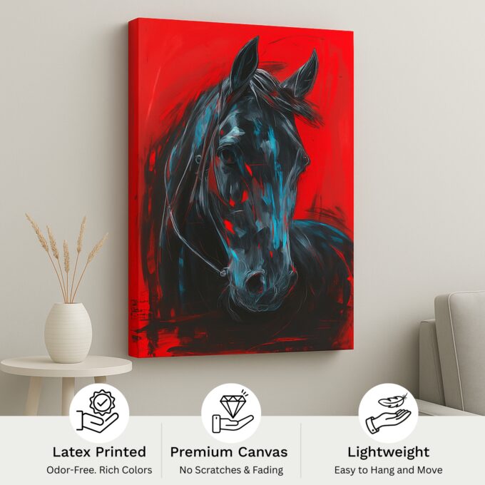 Midnight Gallop – Black Horse Canvas Wall Art on Red Background - Image 4