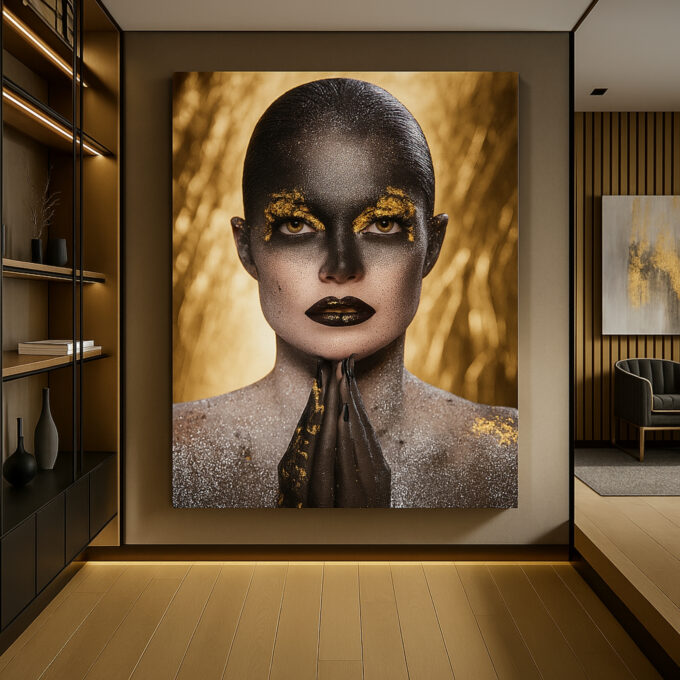 Enigmatic Gaze in Gold Canvas - Image 3