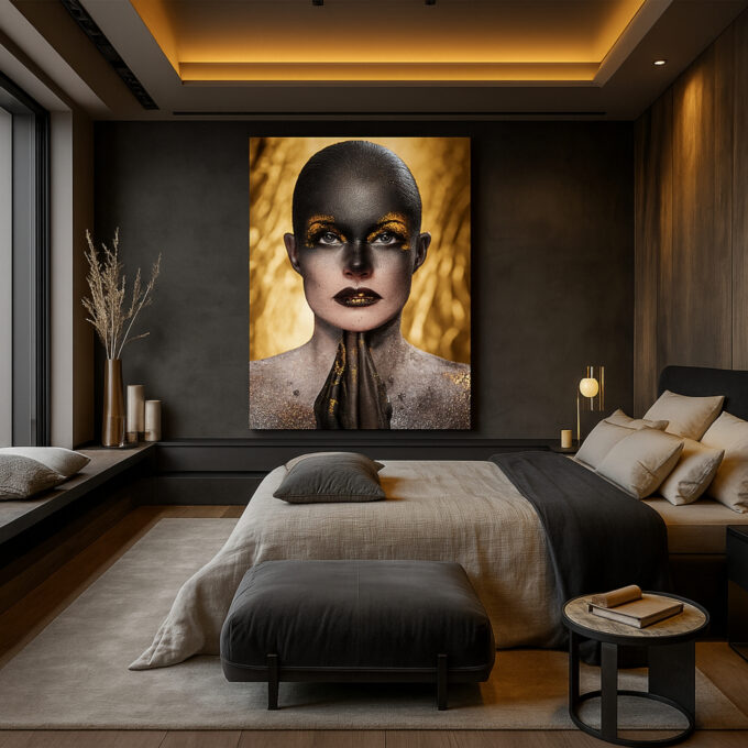 Enigmatic Gaze in Gold Canvas - Image 2