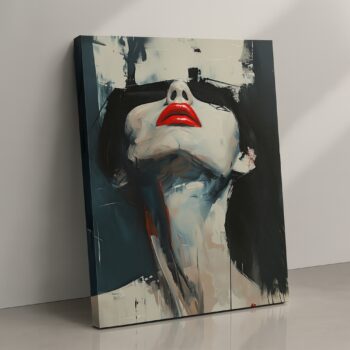 Crimson Gaze – Bold Red Abstract Woman Canvas