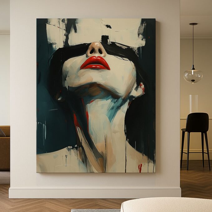 Crimson Gaze – Bold Red Abstract Woman Canvas - Image 3