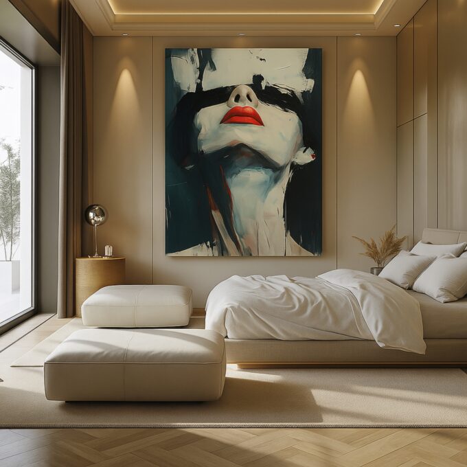 Crimson Gaze – Bold Red Abstract Woman Canvas - Image 2