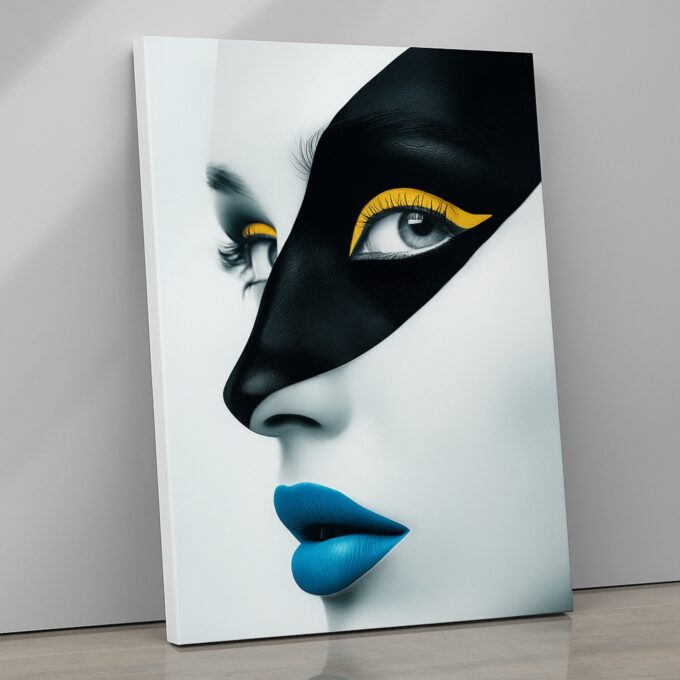 Azure Mask Canvas Wall Art – Modern Minimalist Portrait Print – Luxury Black & Blue Wall Décor