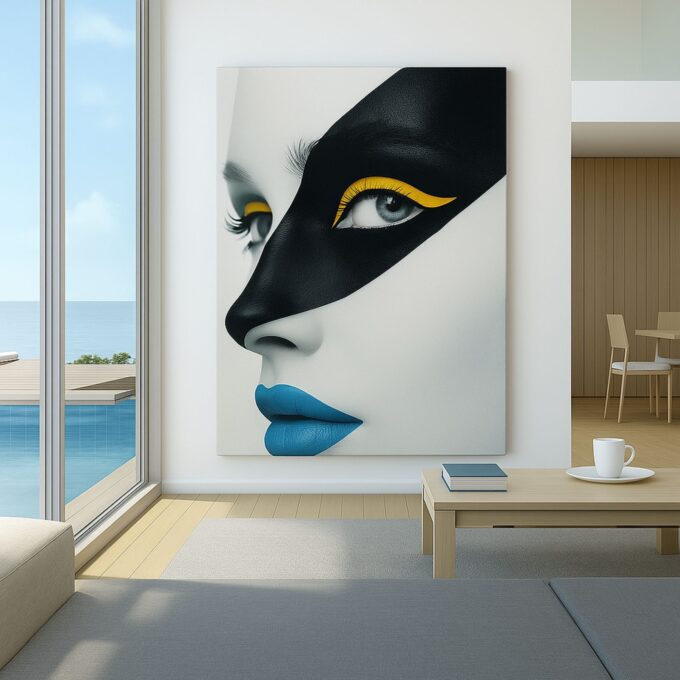 Azure Mask Canvas Wall Art – Modern Minimalist Portrait Print – Luxury Black & Blue Wall Décor - Image 2