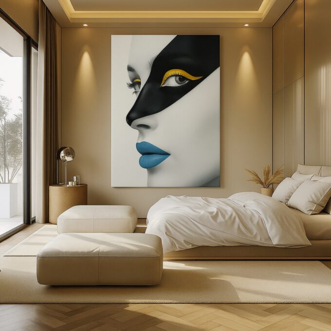 Azure Mask Canvas Wall Art – Modern Minimalist Portrait Print – Luxury Black & Blue Wall Décor - Image 3