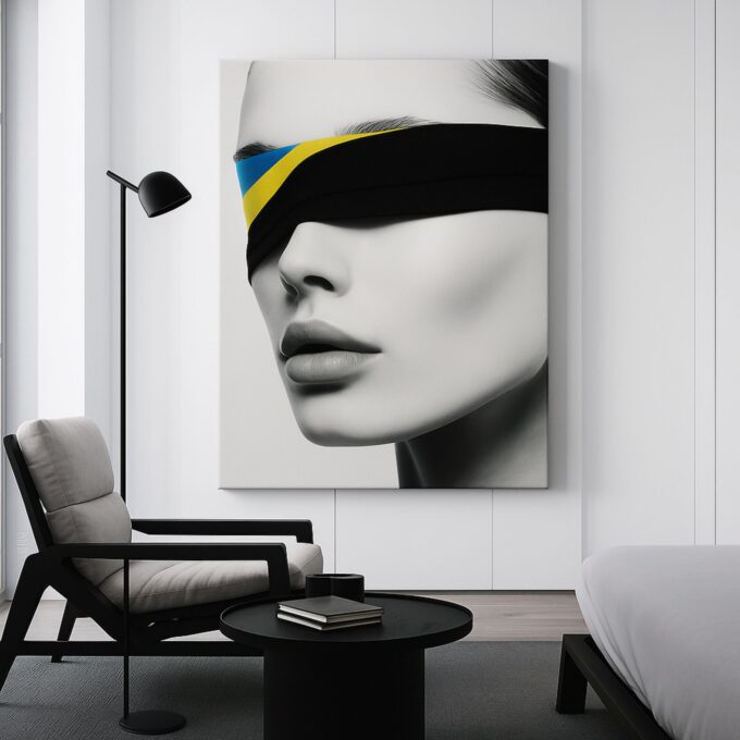 Silent Blindfold Canvas Wall Art – Minimalist Black and White Portrait Print – Modern Home Décor - Image 2