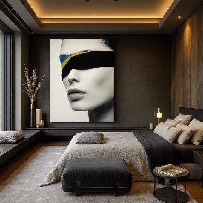 Silent Blindfold Canvas Wall Art – Minimalist Black and White Portrait Print – Modern Home Décor - Image 3