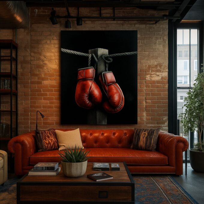 Crimson Gloves Canvas Wall Art – Boxing Gloves Vintage Illustration – Modern Sports Home Décor - Image 2
