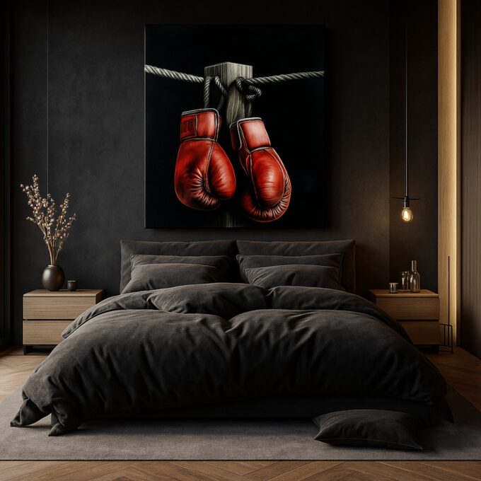 Crimson Gloves Canvas Wall Art – Boxing Gloves Vintage Illustration – Modern Sports Home Décor - Image 3