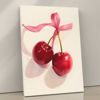 Cherries & Ribbon Canvas Wall Art – Minimalist Fruit Print – Modern Kitchen & Dining Room Décor