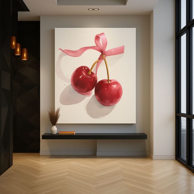Cherries & Ribbon Canvas Wall Art – Minimalist Fruit Print – Modern Kitchen & Dining Room Décor - Image 2