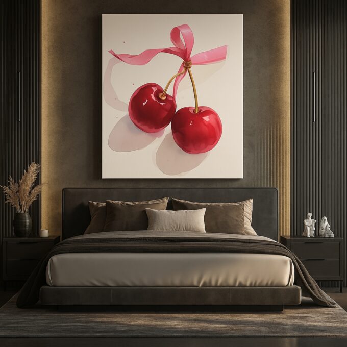 Cherries & Ribbon Canvas Wall Art – Minimalist Fruit Print – Modern Kitchen & Dining Room Décor - Image 3
