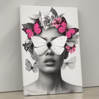 Monarch Beauty Canvas Wall Art – Elegant Portrait with Butterflies – Modern Floral Home Décor