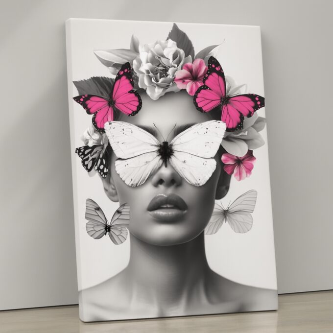 Monarch Beauty Canvas Wall Art – Elegant Portrait with Butterflies – Modern Floral Home Décor