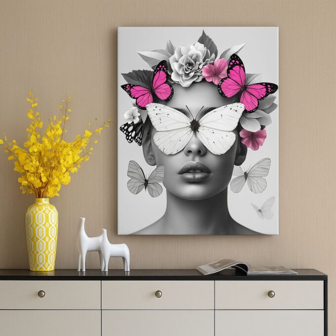 Monarch Beauty Canvas Wall Art – Elegant Portrait with Butterflies – Modern Floral Home Décor - Image 2