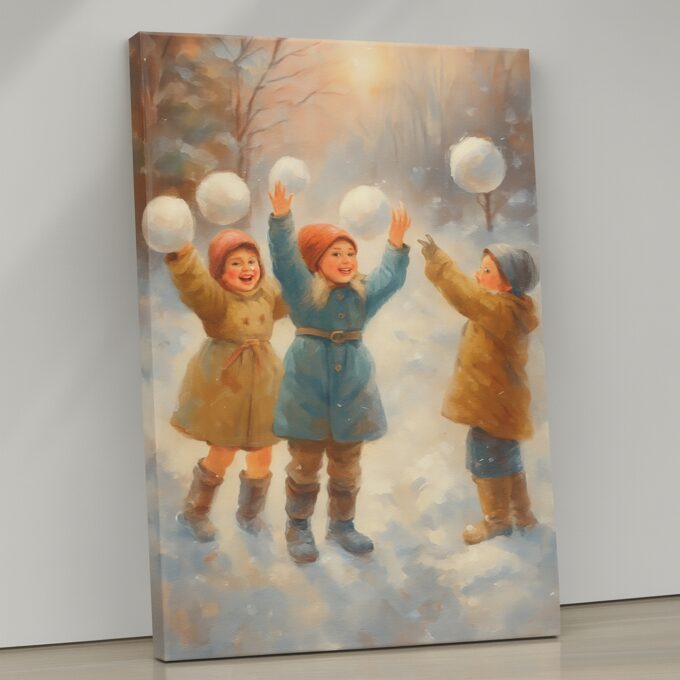 Winter Joy Canvas Wall Art – Playful Children Snow Scene – Cozy Seasonal Home Décor
