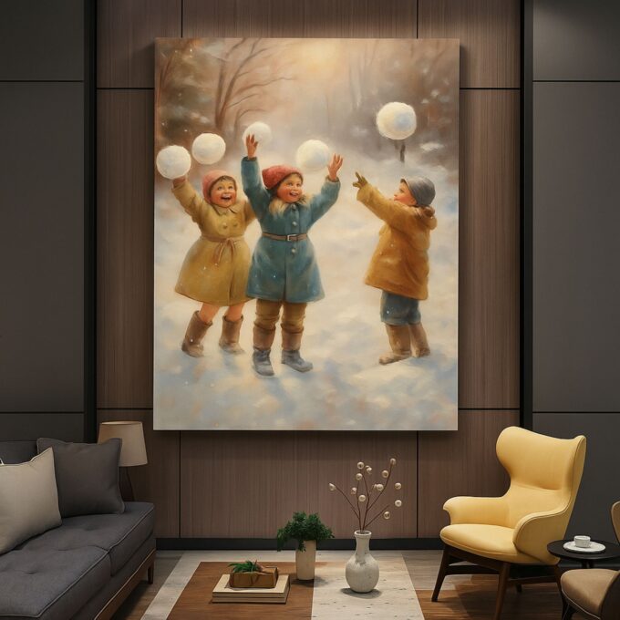 Winter Joy Canvas Wall Art – Playful Children Snow Scene – Cozy Seasonal Home Décor - Image 2