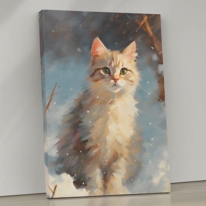 Winter Whiskers Canvas Wall Art – Cozy Cat Portrait Print – Cute Animal Home Décor