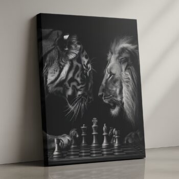 The Chess Duel – Lion vs Tiger Motivational Black & White Canvas