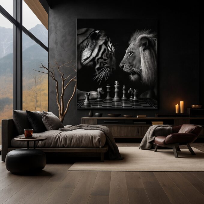 The Chess Duel – Lion vs Tiger Motivational Black & White Canvas - Image 3