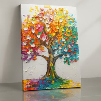 Spectrum of Life – Vibrant Tree Canvas Wall Art with Colorful Palette Knife Texture