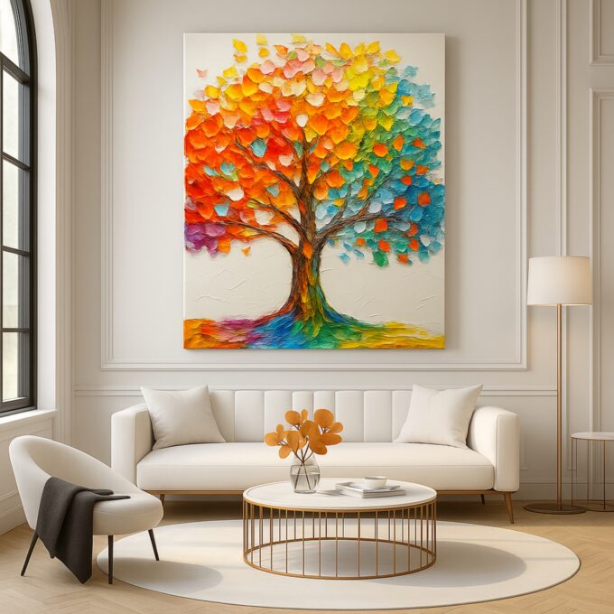 Spectrum of Life – Vibrant Tree Canvas Wall Art with Colorful Palette Knife Texture - Image 2