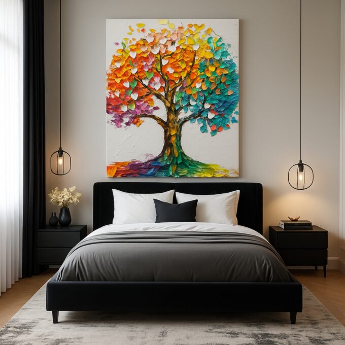 Spectrum of Life – Vibrant Tree Canvas Wall Art with Colorful Palette Knife Texture - Image 3