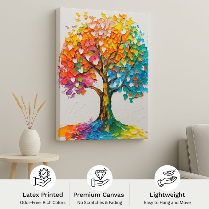 Spectrum of Life – Vibrant Tree Canvas Wall Art with Colorful Palette Knife Texture - Image 4