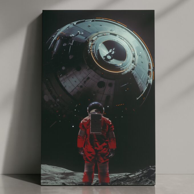 Celestial Encounter – Astronaut Canvas Wall Art with Futuristic Spaceship