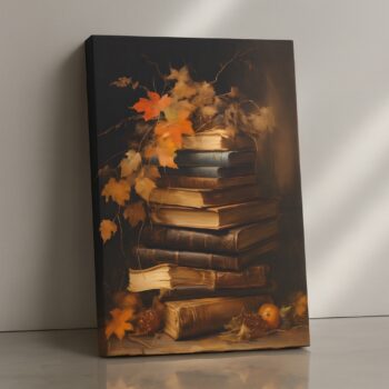 Autumn Tales – Vintage Books Canvas Wall Art with Fall Leaves and Warm Tones