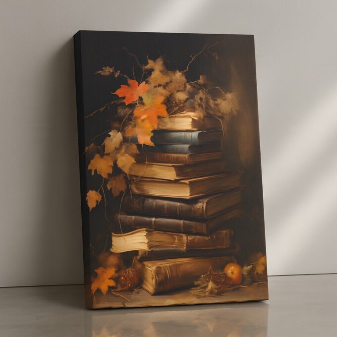 Autumn Tales – Vintage Books Canvas Wall Art with Fall Leaves and Warm Tones