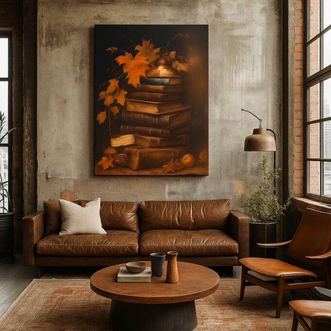 Autumn Tales – Vintage Books Canvas Wall Art with Fall Leaves and Warm Tones - Image 2