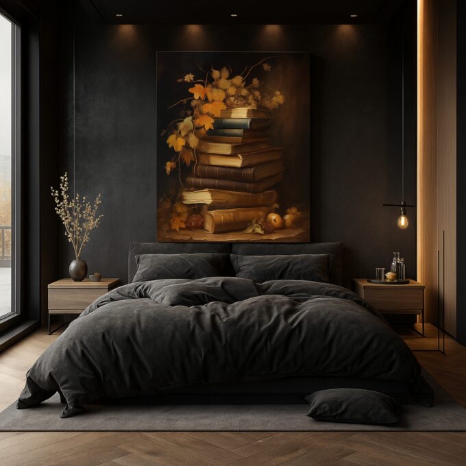 Autumn Tales – Vintage Books Canvas Wall Art with Fall Leaves and Warm Tones - Image 3