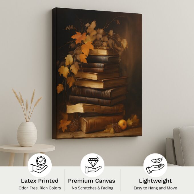 Autumn Tales – Vintage Books Canvas Wall Art with Fall Leaves and Warm Tones - Image 4