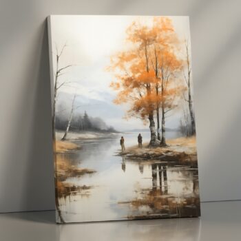 Autumn Reflections – Tranquil Lake Landscape Canvas Wall Art with Orange Trees