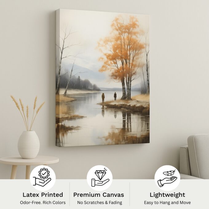 Autumn Reflections – Tranquil Lake Landscape Canvas Wall Art with Orange Trees - Image 4