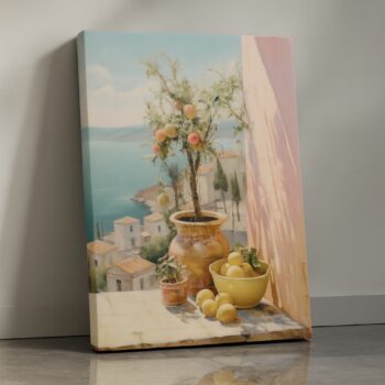 Citrus Balcony – Mediterranean Terrace Canvas Wall Art with Lemon Tree & Ocean View