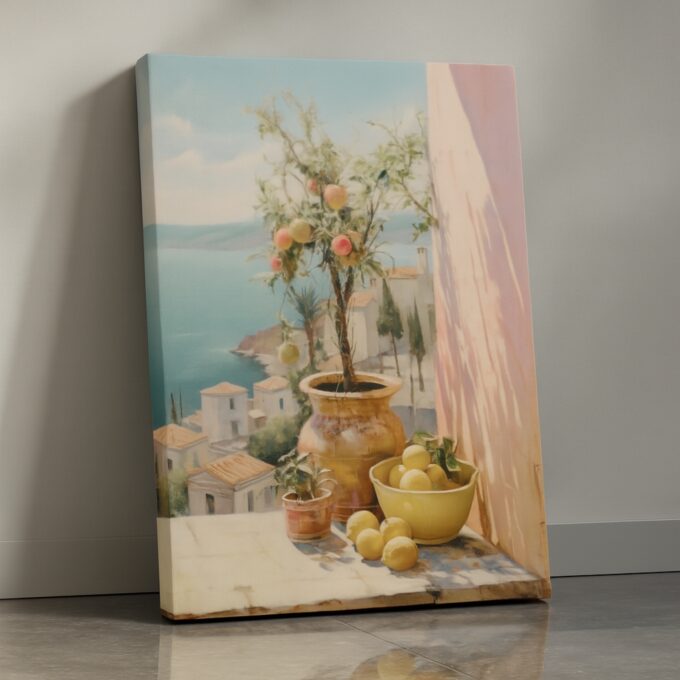 Citrus Balcony – Mediterranean Terrace Canvas Wall Art with Lemon Tree & Ocean View