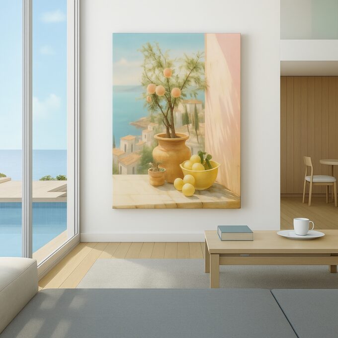 Citrus Balcony – Mediterranean Terrace Canvas Wall Art with Lemon Tree & Ocean View - Image 2