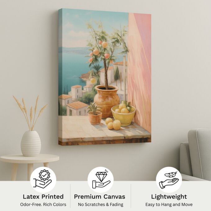 Citrus Balcony – Mediterranean Terrace Canvas Wall Art with Lemon Tree & Ocean View - Image 4