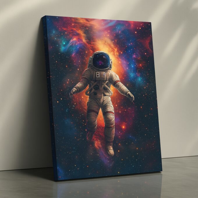 Cosmic Drift – Astronaut Floating in Space Canvas Wall Art with Nebula Backdrop