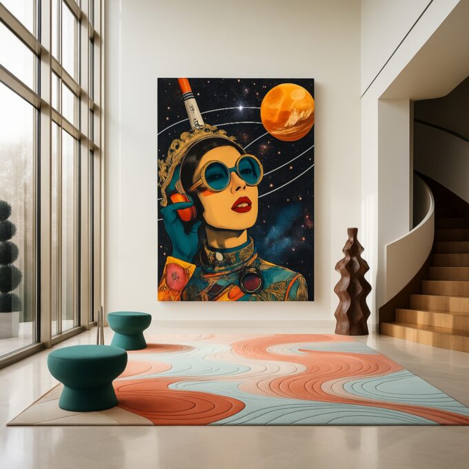 Orbit of Dreams – Retro Pop Space Canvas Wall Art with Female Astronaut - Image 3
